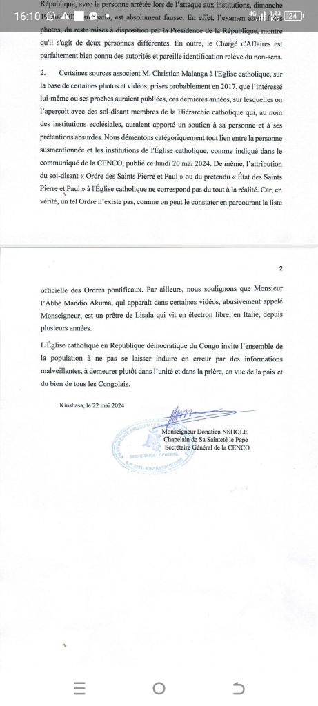 Screenshot_20240522-161027-461x1024 RDC-Implication de l'Eglise Catholique dans la tentative de coup d'État déjoué : La CENCO remet la pendule à l'heure