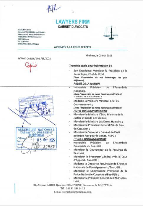 1002698351 RDC-Bas-Uele: Propos désobligeants, calomnieux et injurieux à l'endroit de la Questeure Adjointe de l'Assemblée Nationale, ses conseils s'indignent et saisissent le Vice-Premier Ministre en charge de l'Interieur