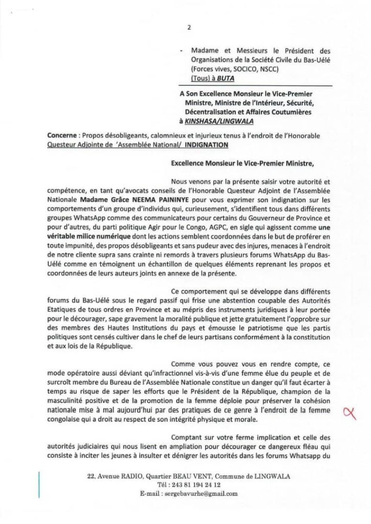 1002698352-725x1024 RDC-Bas-Uele: Propos désobligeants, calomnieux et injurieux à l'endroit de la Questeure Adjointe de l'Assemblée Nationale, ses conseils s'indignent et saisissent le Vice-Premier Ministre en charge de l'Interieur