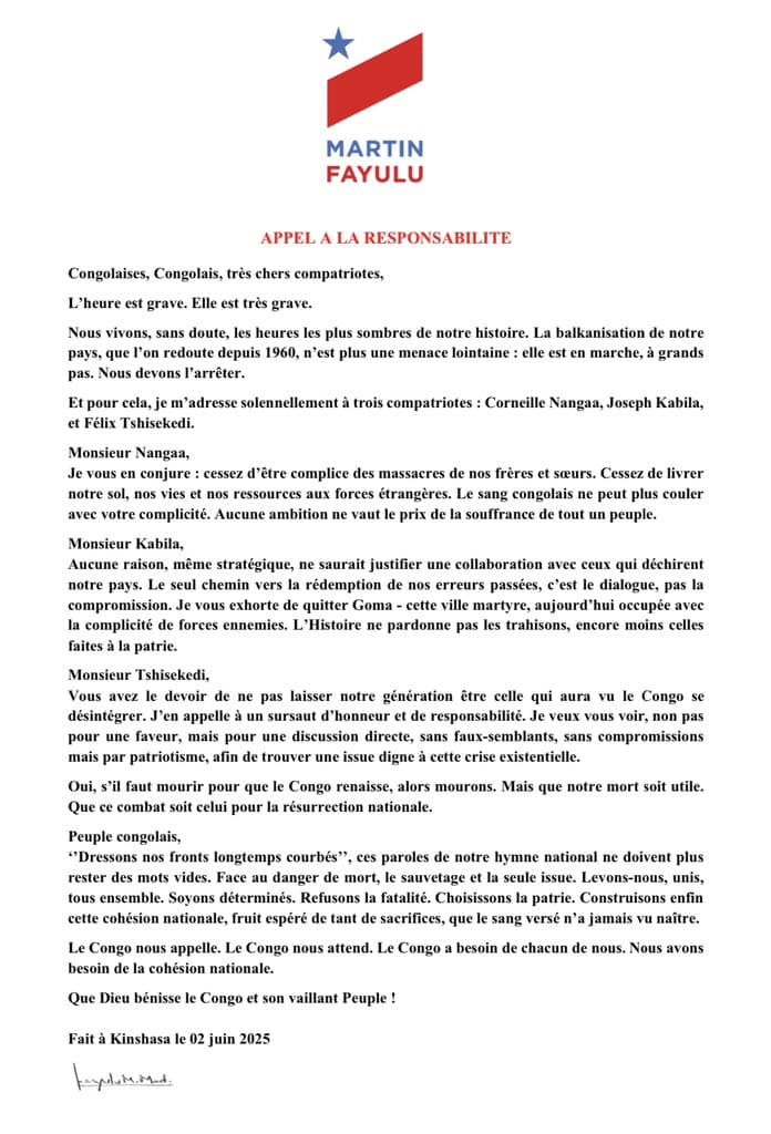 1002917600 RDC: Message de Martin Fayulu à Corneille Nangaa, Joseph Kabila et Félix Tshisekedi