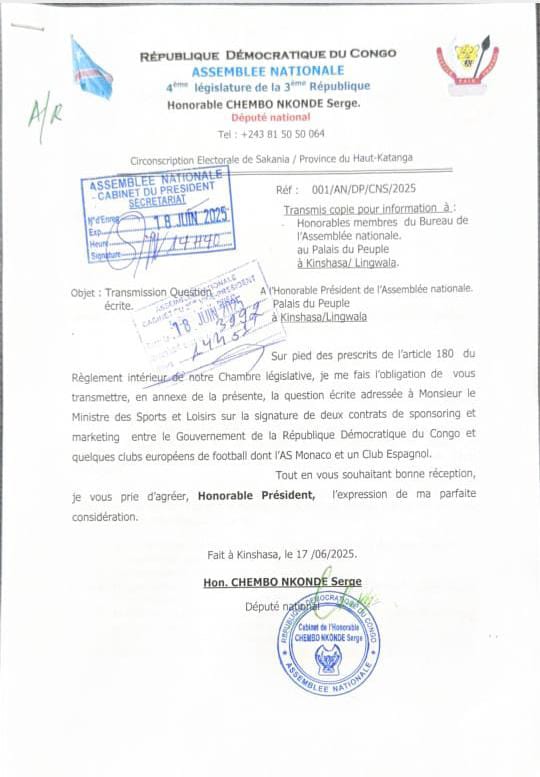 1003042350 Football : Partenariat RDC-AS Monaco, le Député national Serge Nkonde Chembo questionne le Ministre des Sports et Loisirs