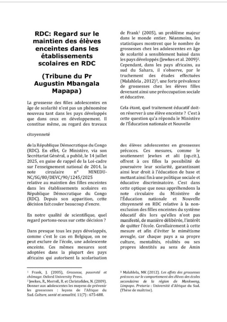 1003311440-721x1024 Éducation Nationale: Regard sur le maintien des élèves enceintes dans les établissements scolaires en RDC: (Tribune du Pr Augustin Mbangala Mapapa)